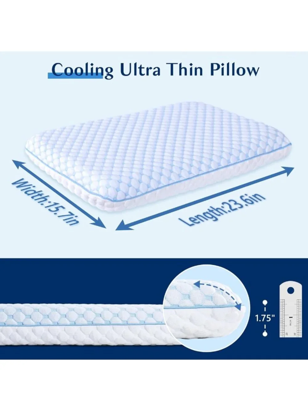 Cooling Gel Thin Pillow for Stomach & Back Sleepers, Ultra Slim Memory Foam 2.25